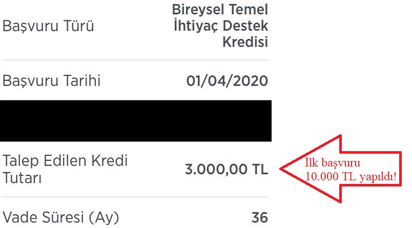 Başvuru 10 bin TL yapıldı - Banka 3 bin TL olarak işleme aldı!